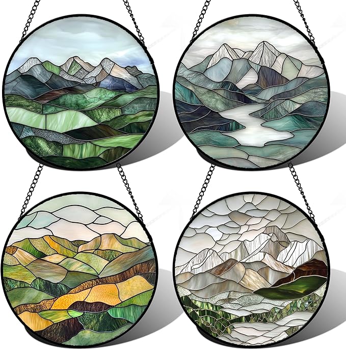 AMDERVEN Stained Glass Window Hanging 4 Pcs Set Mountain River Landscape Large by amderven