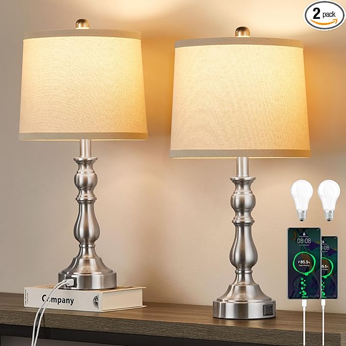 Farmhouse Side Table Lamps for Living Room Set of 2 by Leasgy