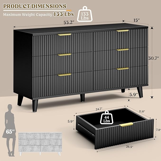 Lulive Black Dresser for Bedroom Wood Dressers Chest of Drawers, Fluted 54" - Image 2