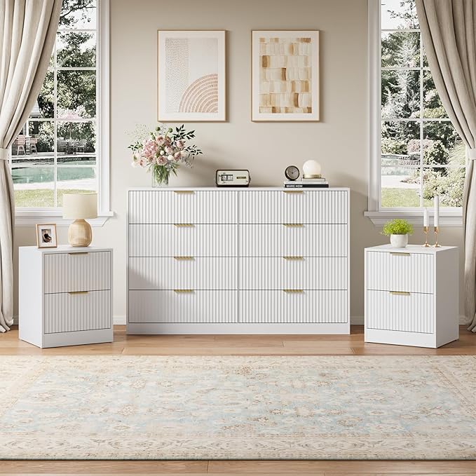 8 Drawer Dresser & Nightstand Set 3-Piece, 55” Wide Fluted Dresser and Night by NOVAMAISON