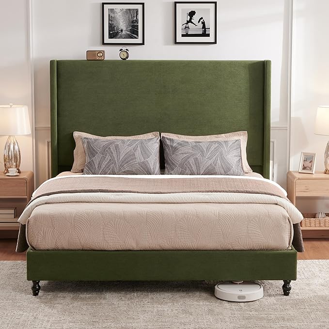 Queen Bed Frame with 63" Tall Headboard, Horizontal Fine Corduroy Bed Frame by LUXOAKAddMoreStyletoHome