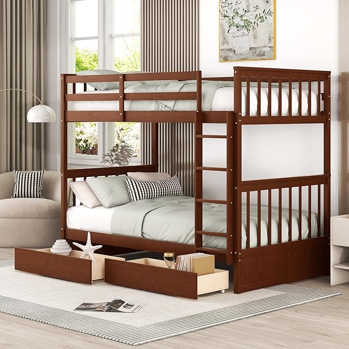Merax Wood Bunk Bed with Drawers, Twin Over Twin Size Convertible Bunk Bed with by Merax