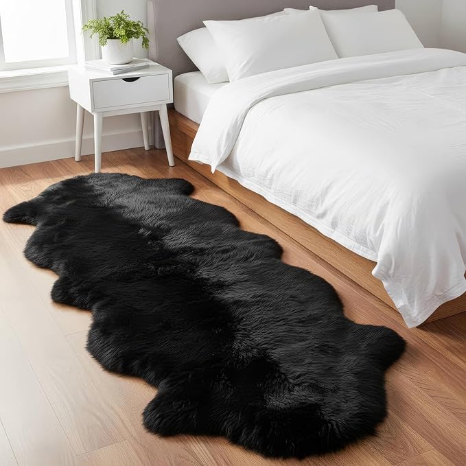 Authentic Black Sheepskin Rug 2x6 ft, Genuine Double Pelt Fluffy Fur Area Rug by SuperAreaRugs