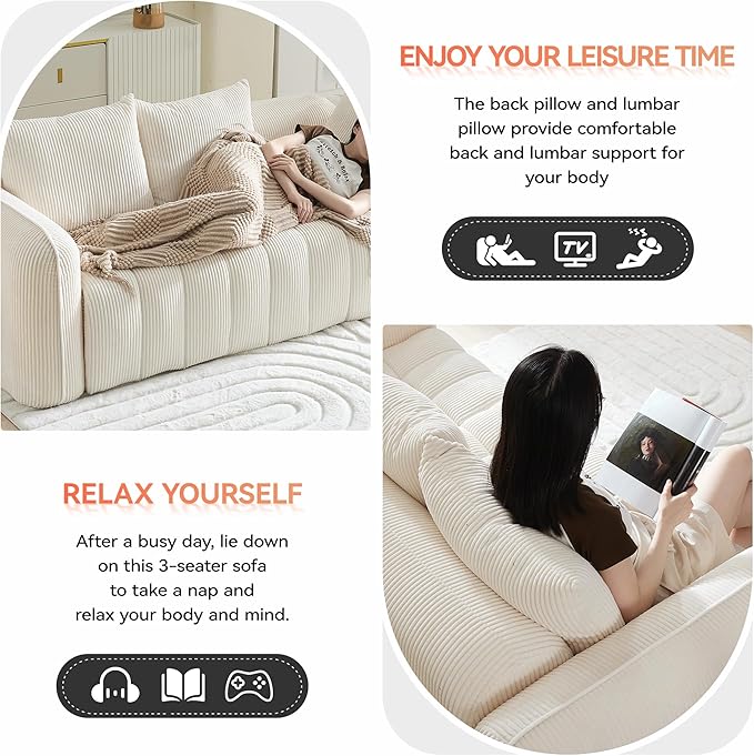 83'' Boneless Corduroy Sofa, Oversized 3 Seater Deep Seat Couch - Image 5
