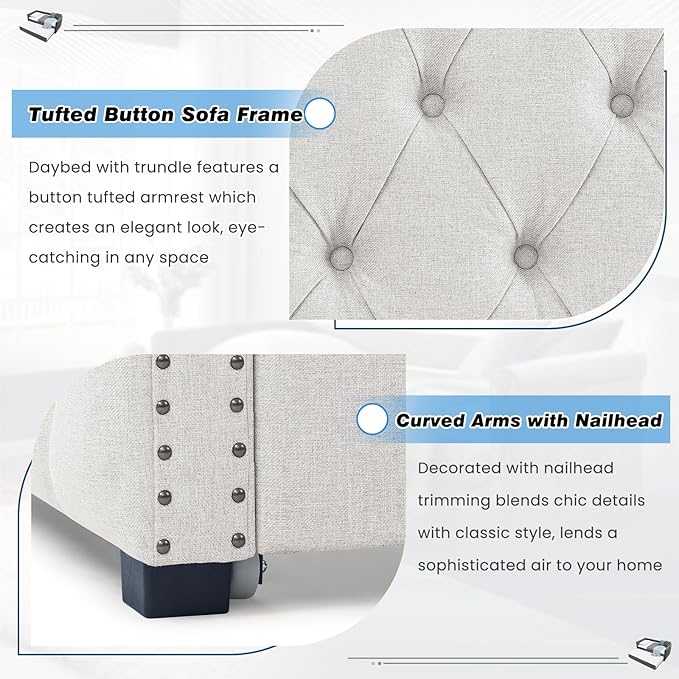 Antetek Daybed with Trundle, Modern Upholstered Full Size Button-Tufted Sofa - Image 4