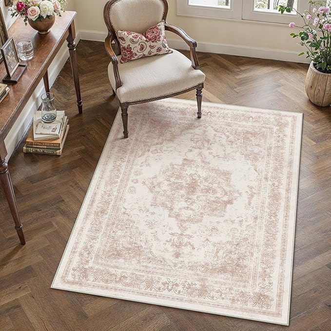 Area Rug 3x5 Washable Pink Rug Vintage Boho Medallion Entryway Door Mat - Image 6