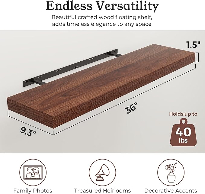 Floating Shelves for Wall, 9.3" Deep Wall Mounted Wood Shelves for Bathroom - Image 2