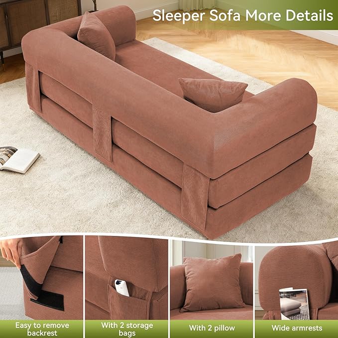 80" Convertible Sofa Bed, Corduroy Folding Sleeper Sofa Bed Queen - Image 7