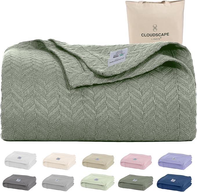 Cloud Scape Linen 100% Cotton Blanket 92x92 Olive Green by CloudScapeLinen
