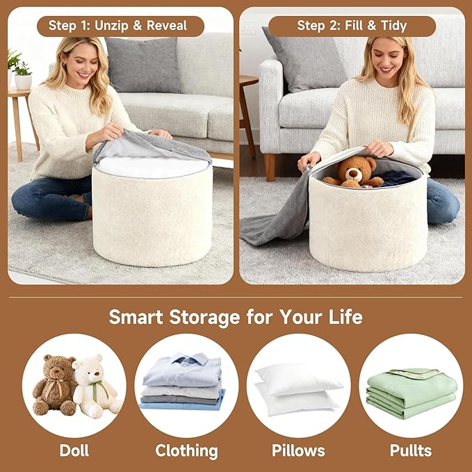 Tiita Round Stuffed Pouf Ottoman, Plush Poufs - Image 7