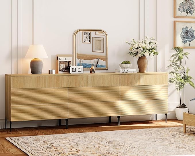 WAMPAT 94.5" W Fluted Dresser for Bedroom, Modern 9 Drawer Dresser TV Stand - Image 3
