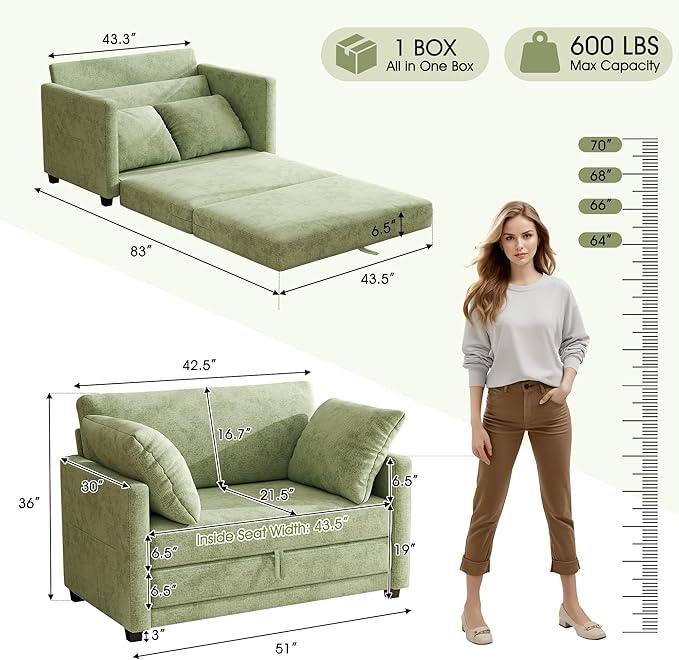 51" Loveseat Sleeper Sofa Bed, Chenille Convertible Floor Sofa Bed - Image 2