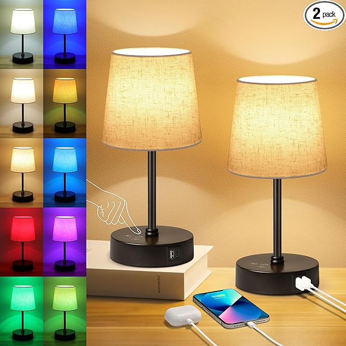 Ascher Small Bedside Table lamp Set of 2, RGB Color Changing Lamps, 3 Color by Ascher