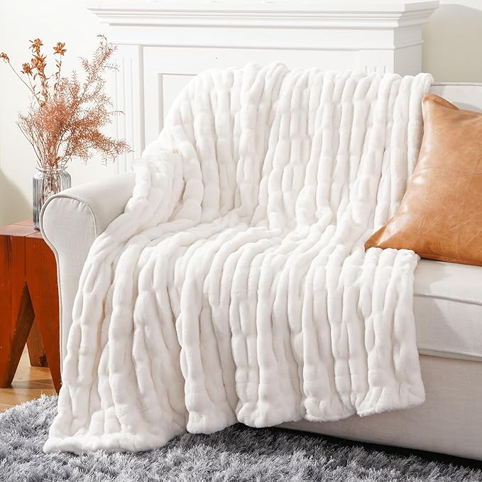 BATTILO HOME Cream Faux Fur Throw Blanket - Image 3