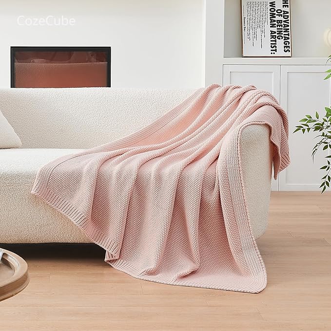 CozeCube Pink Throw Blanket for Couch, Soft Cozy Cable Knit Throw Blanket for - Image 4