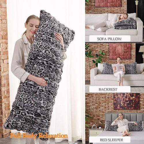 20x54 Fluffy Leopard Print Body Pillow, Cheetah Print Plush Fuzzy Faux Fur Body - Image 2