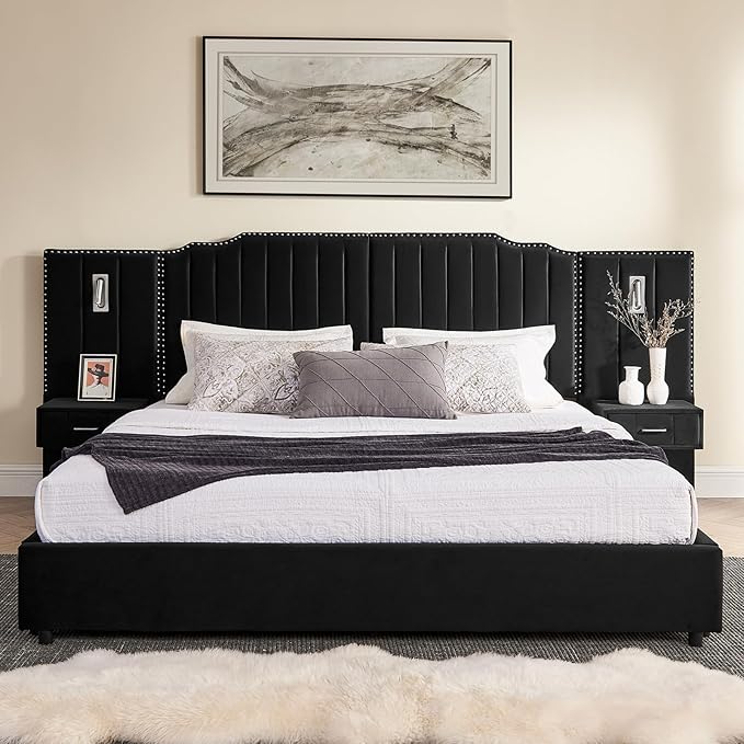 King Size Bed Frame with Storage, Luxury King Platform Bed Frame with Headboard - Image 3