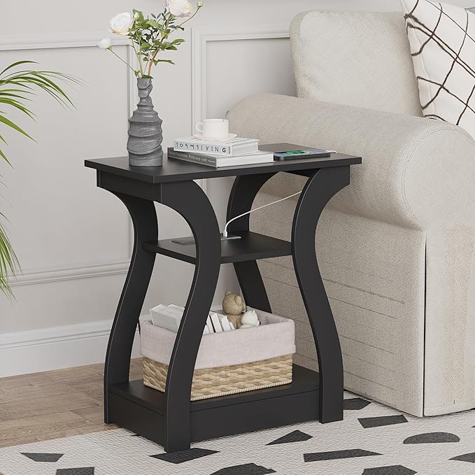 Black End Table Set of 2 with Charging Station, Side Table with USB Ports and - Image 2