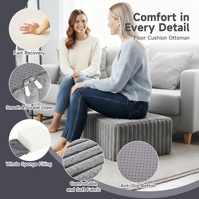 Tiita Suqre Stuffed Pouf Ottoman, Stripe Poufs 21×21×10 inch - Image 2