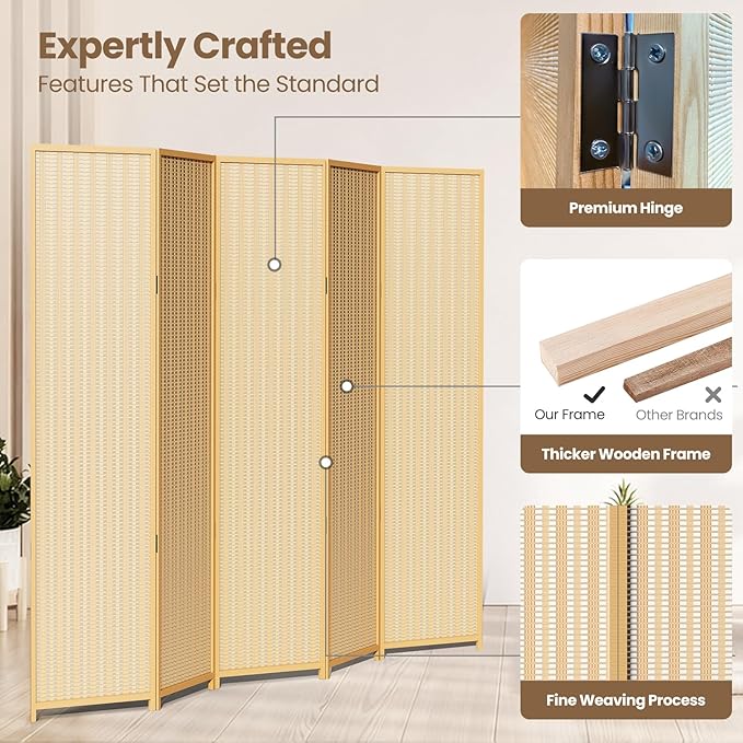 5 Panel Room Divider and Extra Wide Folding Privacy Screen, Bamboo Room Divider - Image 4