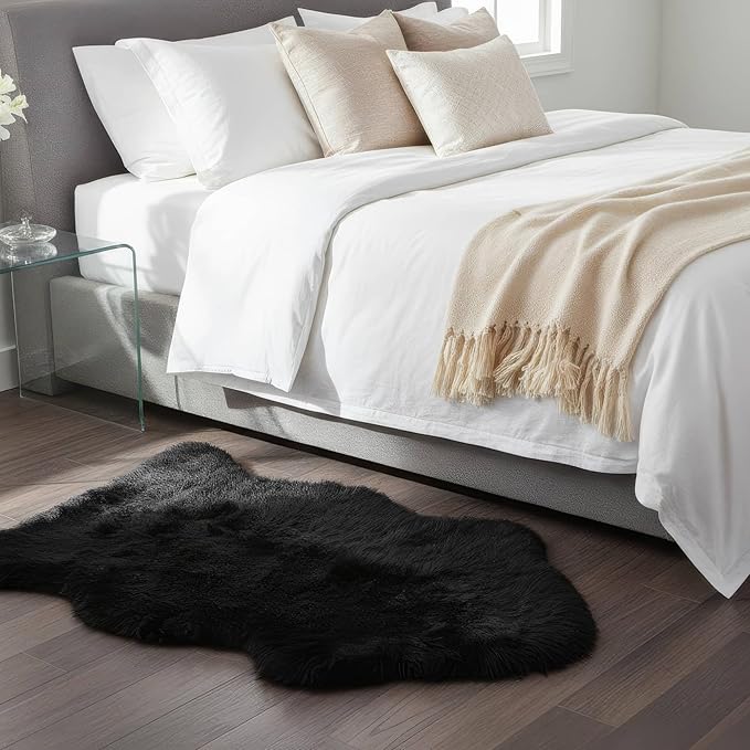 Super Area Rugs Black Sheepskin Rug Genuine Single 2x3ft Pelt Fluffy Fur Seat - Image 2