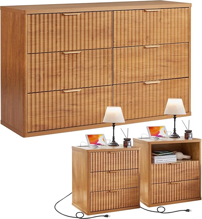 LEYAOYAO 48" Wide Fluted Dresser and 23" Nightstand Set of 2, Wooden Dresser & by LEYAOYAO-Findtheshiningpointofyourideallife%EF%BC%81
