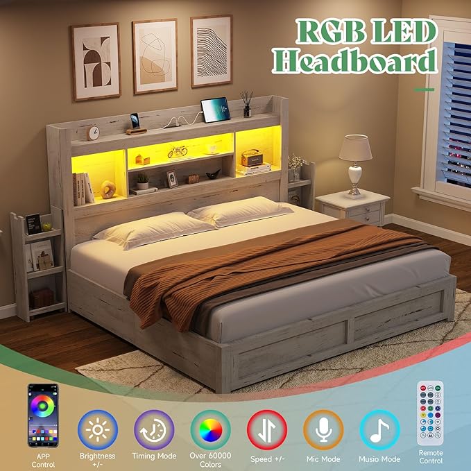 AMERLIFE King Bed Frame with 4 Storage Drawers, LED Bed Frame with 49.6" Tall - Image 4
