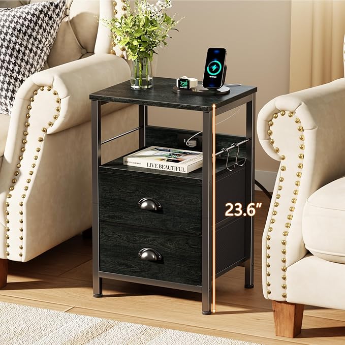 Furologee Nightstand with Charging Station, Side Table with USB Ports, End - Image 2