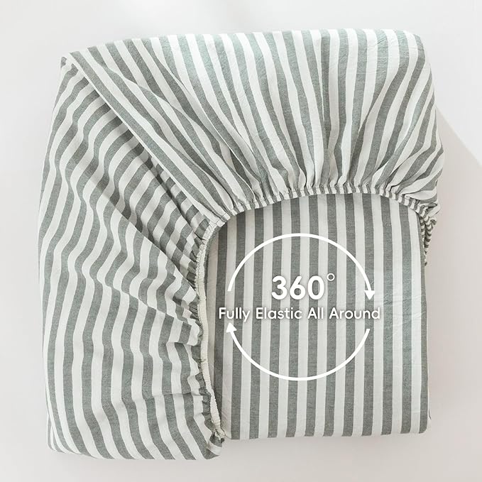 MooMee Striped Fitted Bottom Sheet Only 100% Washed Cotton Linen Like Textured - Image 3