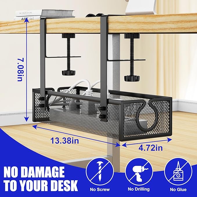 REFLYING Under Desk Cable Management Tray, Metal Long Arms, No Drill Mesh Cable - Image 5