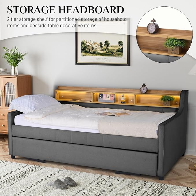 Twin Size Daybed with Pop Up Trundle Bed, Linen Upholstered Day Bed Frame with - Image 6