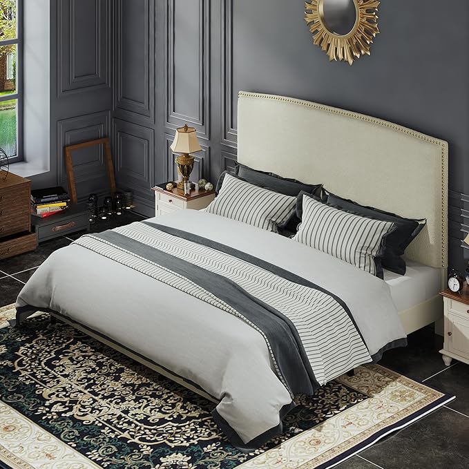 King Size Bed Frame with Upholstered Headboard, Soft Boucle Fabric & Gold - Image 3