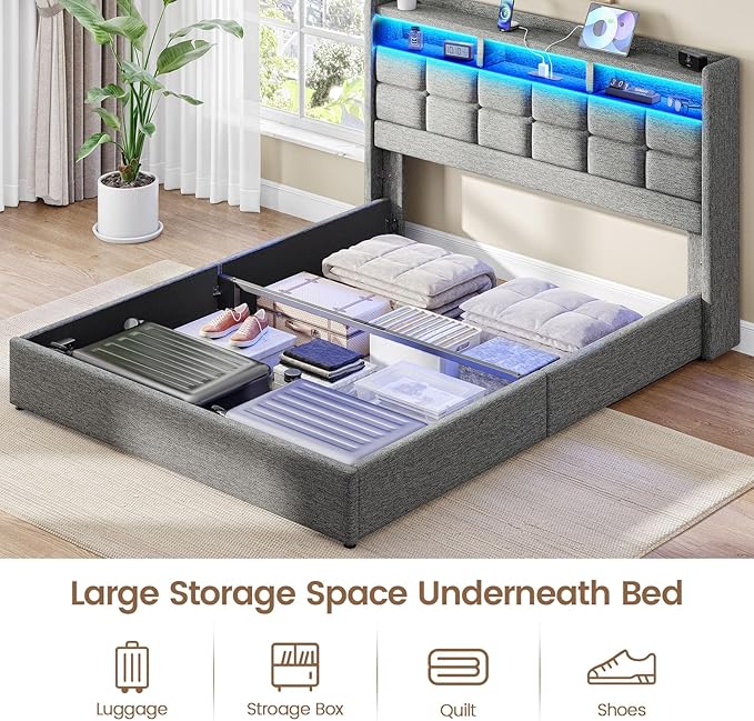 Lift Up Queen Bed Frame with Storage, Upholstered Bed Frame Queen Size with LED - Image 5