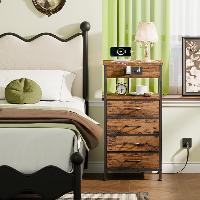 Furnulem Night Stand with Charging Station, Small Dresser with 4 Fabric Drawers - Image 4