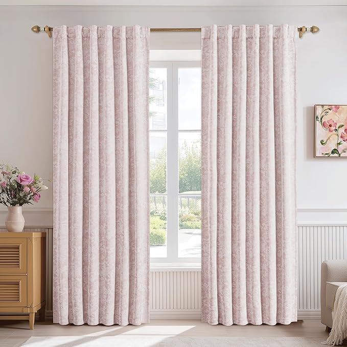 Beauoop Pink Floral Jacquard Blackout Curtains 84 Inches Long 2 Panels - Image 2