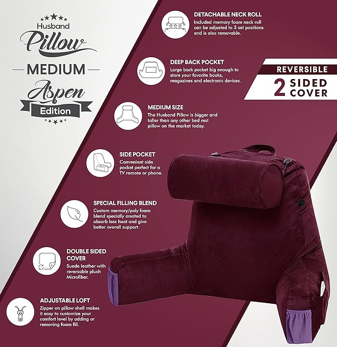 Husband Pillow Medium Aspen Edition Mauve Purple, Sit Up Reading & Bed Rest - Image 4