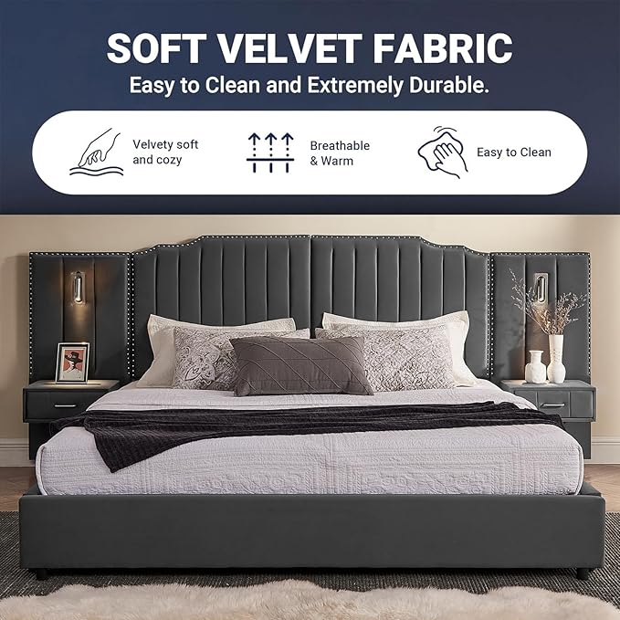 King Size Bed Frame with Storage, Luxury King Platform Bed Frame with Headboard - Image 5