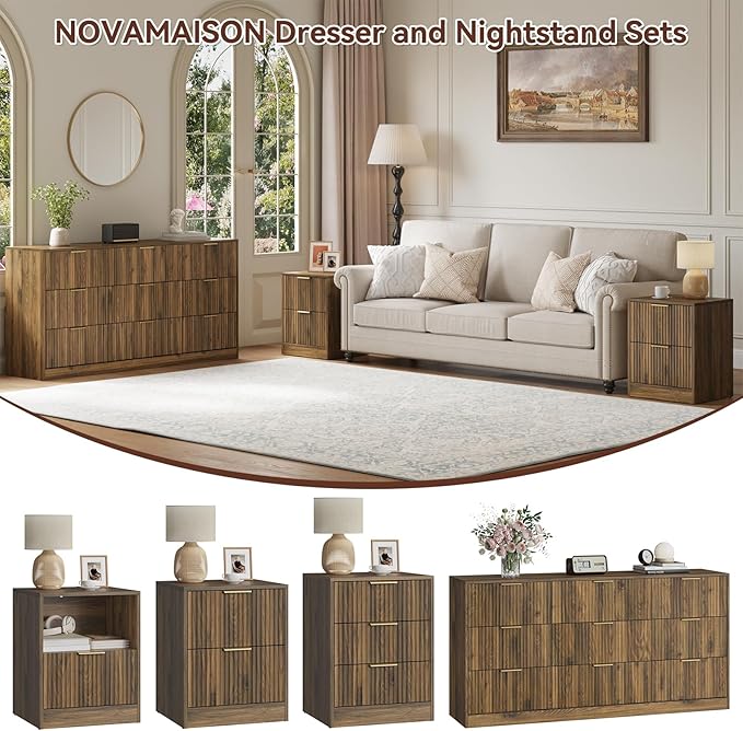 9 Drawer Dresser & Nightstand Set 3-Piece, 63” Wide Walnut Bedroom Dresser and - Image 4