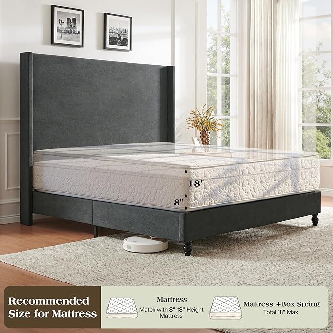 King Bed Frame with 65" Tall Headboard, Horizontal Fine Corduroy Bed Frame with - Image 6