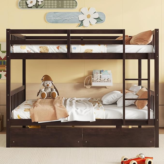 Full Over Full Bunk Bed with Storage Drawers, Convertible Bunk Beds with Ladder - Image 3