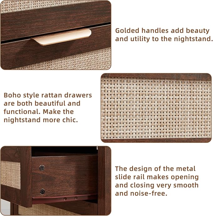 LEYAOYAO 31.5" Wide Rattan Night Stand, Oversized Large Walnut Nightstand - Image 4