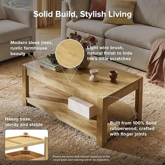 mopio Logan Solid Wood 2-Tier Rectangle Coffee Table, Modern Farmhouse Solid - Image 3