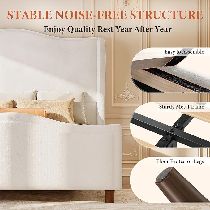 koorlian King Size Bed Frame Chenille Fully Upholstered Bed - Image 7