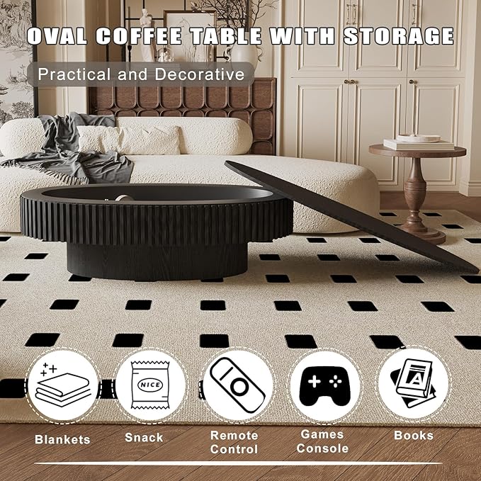 Oval Coffee Table with Storage, Modern Black Coffee Table with Solid Wood - Image 5