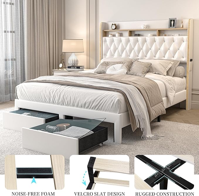 King LED Bed Frame with 2 Storage Drawers, PU Upholstered Platform Beds with - Image 8