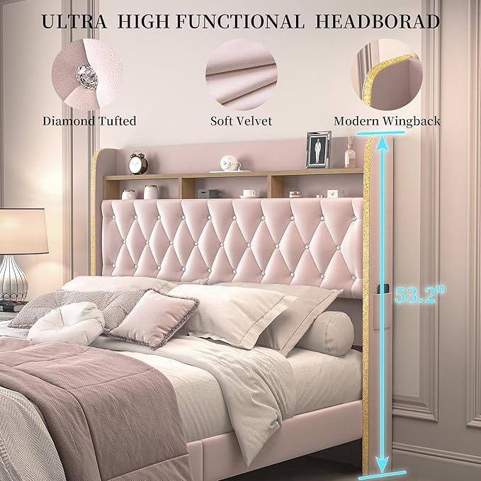 Queen LED Bed Frame with Storage Drawers, Velvet Upholstered Platform Beds with - Image 7