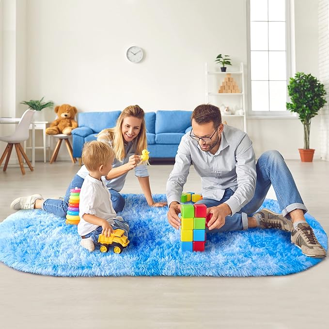 Noahas Oval Fluffy Blue Rainbow Rug 2.6X5.3 Small Kids Rugs - Image 8