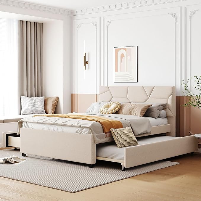 Full Size Bed Frame with Twin Size Trundle and 2 Storage Drawers, Linen by Unknown
