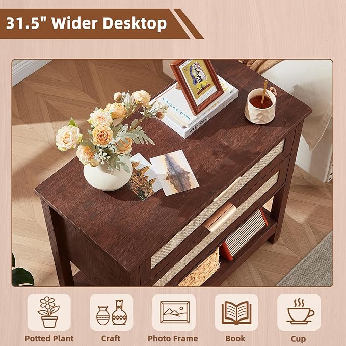 LEYAOYAO 31.5" Wide Rattan Night Stand, Oversized Large Walnut Nightstand - Image 5