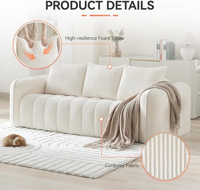 Corduroy Boneless Living Room Sets, Modern Upholstered 3 Seater Sofa - Image 4